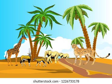 African wildlife landscape with animals, giraffe, cheetah, elefant, antilopes. 