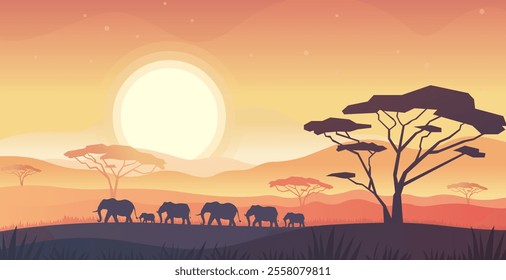 African Wildlife Landscape Background Vector, Cartoon Elephants Vector, sunrise nature background illustration