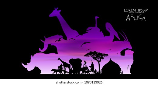 African wildlife landscape, savanna landscape, africa safari card, tropical country sky vector, continental continent, illustrated design for web.