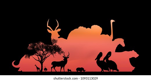 African wildlife landscape, savanna landscape, africa safari card, tropical country sky vector, continental continent, illustrated design for web.