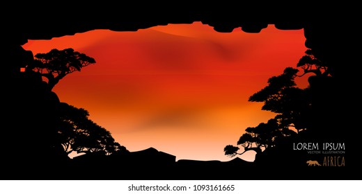 African wildlife landscape, savanna landscape, africa safari card, tropical country sky vector, continental continent, illustrated design for web.