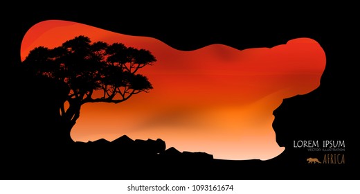 African wildlife landscape, savanna landscape, africa safari card, tropical country sky vector, continental continent, illustrated design for web.