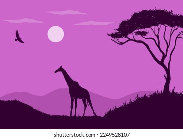 African wildlife landscape vector illustration with purple silhouettes