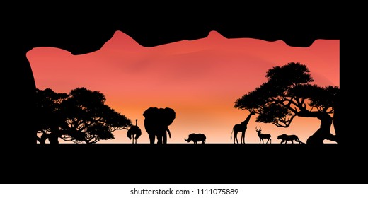 African Wildlife. Nature Background. Africa savanna landscape. safari card.  vector illustration. colorful  South Africa background for card and web.  