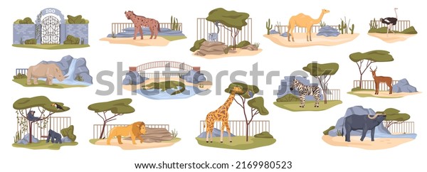 African wildlife, nature reserve parks for\
exotic animals. Zoo or menagerie with crocodile and giraffe, rhino\
and buffalo, ostrich and lion, deer and gorilla. Flat cartoon,\
vector illustration