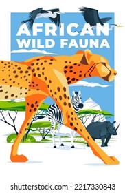 African wildlife poster with big cheetah, rhinoceros, zebra and heron against a savannah landscape background. Vector flat illustration