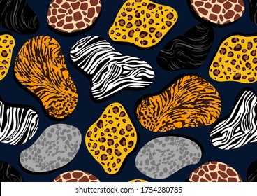 African wildlife Seamless pattern, Tiger, Leopard, Zebra and giraffe, picture art and abstract background, vector illustration.