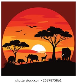 African Wildlife Silhouette Scene at Sunset with Savannah Animals