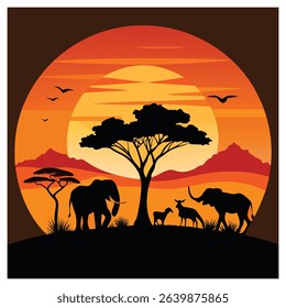 African Wildlife Silhouette Scene at Sunset with Savannah Animals