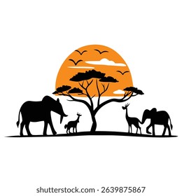 African Wildlife Silhouette Scene at Sunset with Savannah Animals