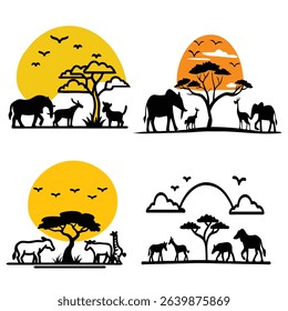 African Wildlife Silhouette Scene at Sunset with Savannah Animals