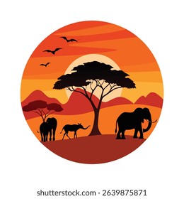 African Wildlife Silhouette Scene at Sunset with Savannah Animals