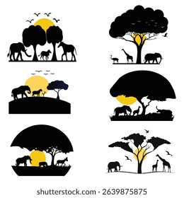 African Wildlife Silhouette Scene at Sunset with Savannah Animals