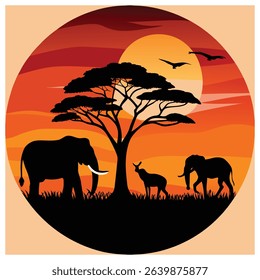 African Wildlife Silhouette Scene at Sunset with Savannah Animals