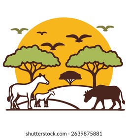 African Wildlife Silhouette Scene at Sunset with Savannah Animals