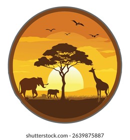 African Wildlife Silhouette Scene at Sunset with Savannah Animals