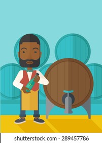 An african wine maker standing wearing his apron holding a bottle of wine inspecting from barrel inside the wine storage room. A contemporary style with pastel palette dark blue tinted background