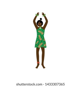 African Woman, Aboriginal Girl Dressed in Modern Green Dress Vector Illustration