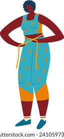 Mujer africana en ropa activa sosteniendo cinta dosificadora alrededor de la cintura. Ilustración vectorial del concepto de positividad corporal y manejo de peso.