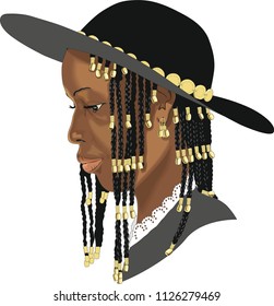 African woman. African American. the woman in the hat. Hair black braided in a lot of braids decorated with gold ornaments.