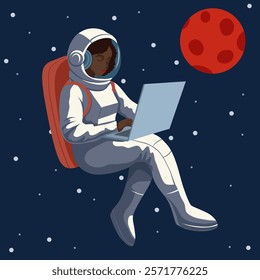 African woman astronaut with laptop on stars and red planet background. Vector illustration of Black space woman in space. Freelance work. Flat illustration for banners