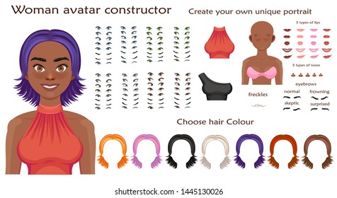 african woman avatar constructor. character creation set. Icons with different types of faces, emotions. Vector illustration