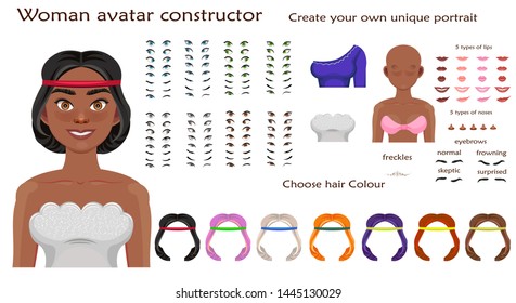 african woman avatar constructor. character creation set. Icons with different types of faces, emotions. Vector illustration