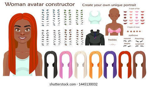 african woman avatar constructor. character creation set. Icons with different types of faces, emotions. Vector illustration