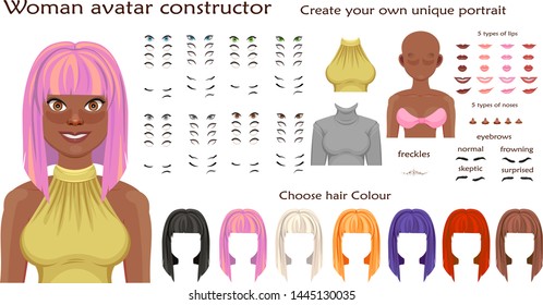 african woman avatar constructor. character creation set. Icons with different types of faces, emotions. Vector illustration