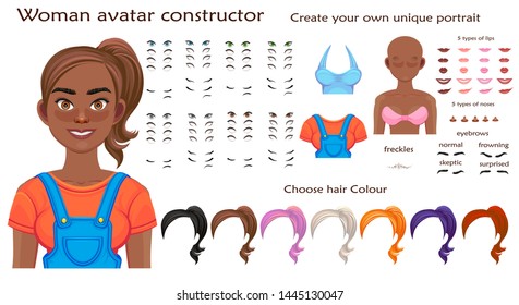 african woman avatar constructor. character creation set. Icons with different types of faces, emotions. Vector illustration