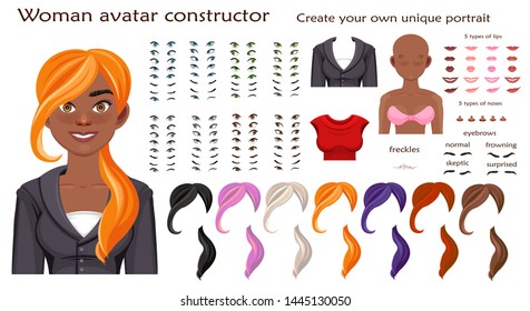 african woman avatar constructor. character creation set. Icons with different types of faces, emotions. Vector illustration