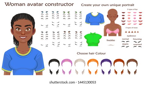 african woman avatar constructor. character creation set. Icons with different types of faces, emotions. Vector illustration