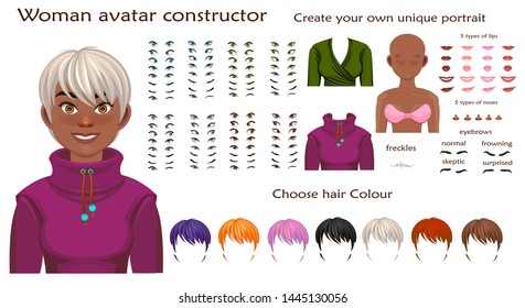 african woman avatar constructor. character creation set. Icons with different types of faces, emotions. Vector illustration