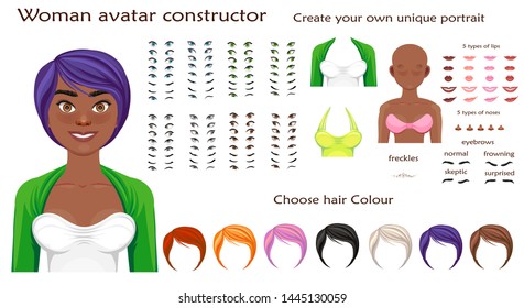 african woman avatar constructor. character creation set. Icons with different types of faces, emotions. Vector illustration
