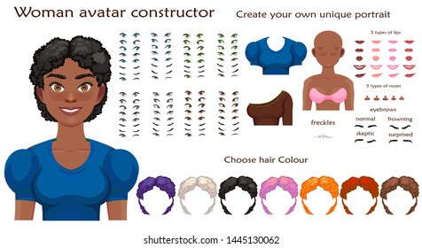 african woman avatar constructor. character creation set. Icons with different types of faces, emotions. Vector illustration