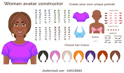 african woman avatar constructor. character creation set. Icons with different types of faces, emotions. Vector illustration