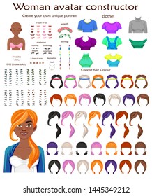 african woman avatar constructor. character creation set. Icons with different types of faces, emotions. Vector illustration