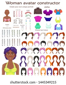 african woman avatar constructor. character creation set. Icons with different types of faces, emotions. Vector illustration