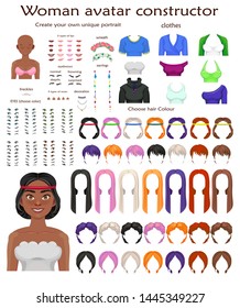 african woman avatar constructor. character creation set. Icons with different types of faces, emotions. Vector illustration