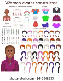 african woman avatar constructor. character creation set. Icons with different types of faces, emotions. Vector illustration