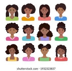 African Woman Avatar Set. Vector Illustration. Black Happy Girls With Different Hairstyles. Female Cartoon Icons. Isolated On White Background