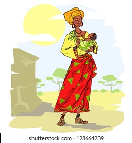 African woman with baby, hand drawn mother and child, sketch