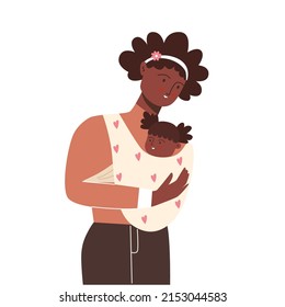 African woman with a baby in a sling. Young mom. Happy family. Vector illustration.