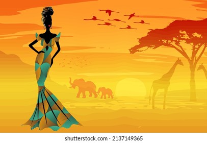 African woman background, sunset in Africa with the silhouettes of acacia tree, giraffe, elephant and flamingo. Batik  savannah safari banner, Afro woman in turban dressed in traditional ankara dress