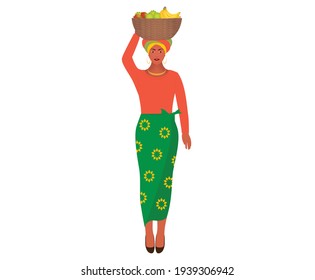 African woman with a basket full of fruits on her head, vector illustration