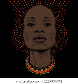 African woman with African in beads, tribal background. Beautiful black woman. Vector illustration
