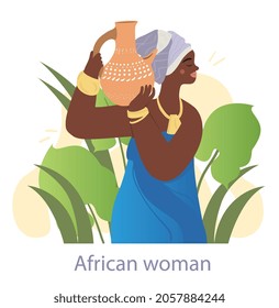 African woman. Beautiful girl holds vase on shoulder and carries water into house. Young female character in turban and traditional dress. Cartoon flat vector illustration isolated on white background