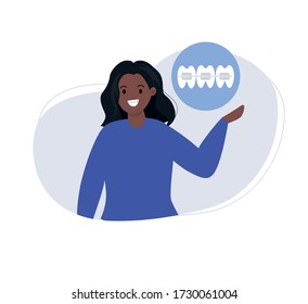 African woman in braces. Brackets system,on female teeth. Orthodontic services. Vector illustration in flat style.