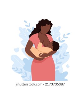 African Woman Breastfeeding A Baby With Nature And Leaves Background. Concept Vector Illustration In Flat Style. 