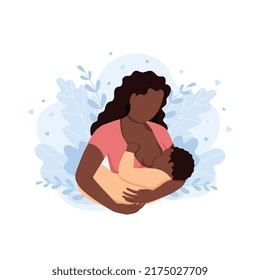 African Woman Breastfeeding A Baby With Nature And Leaves Background. Concept Vector Illustration In Flat Style. 